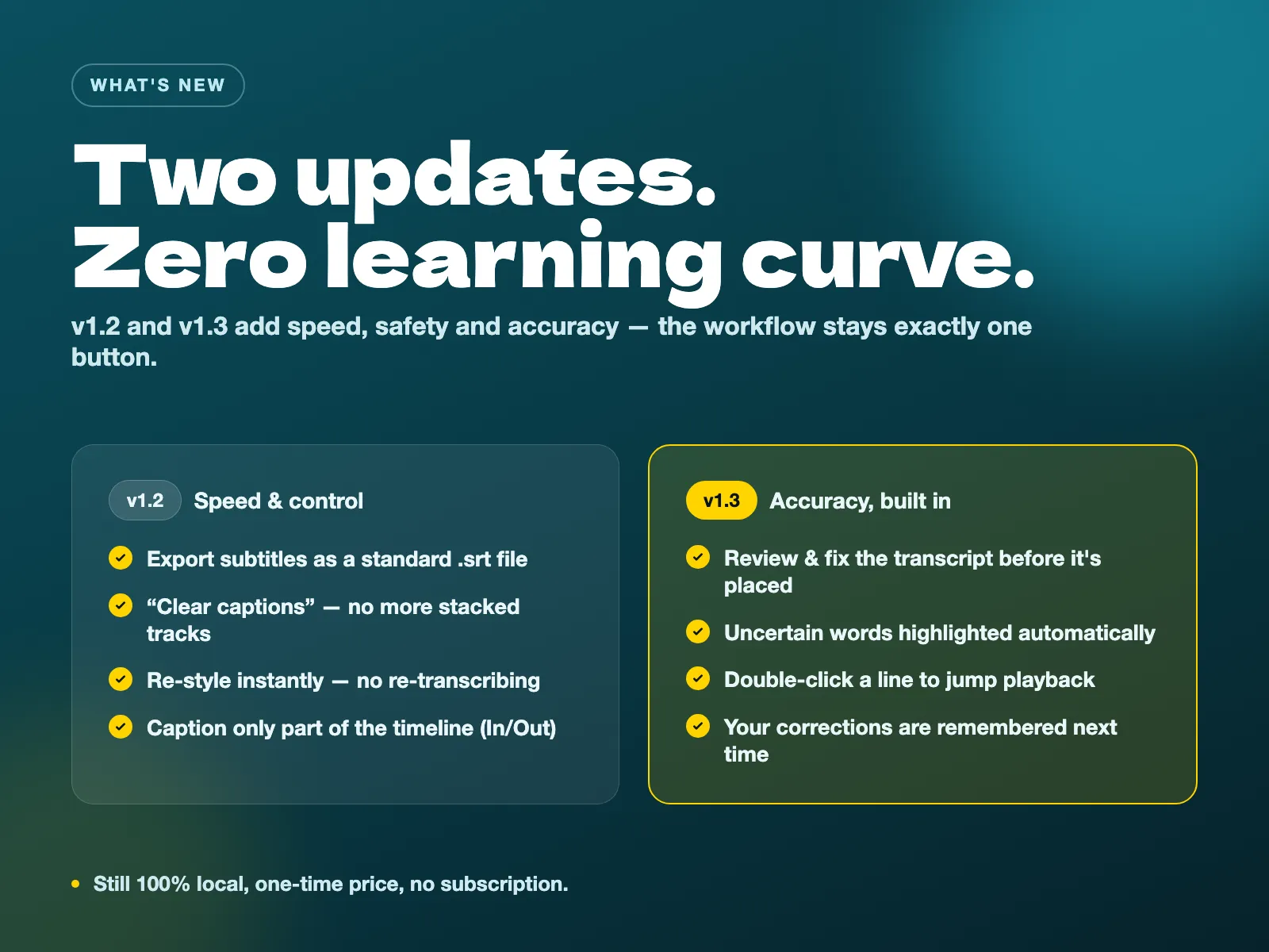 Two updates, zero learning curve. Caption Pro - auto caption and translation tool for DaVinci Resolve.