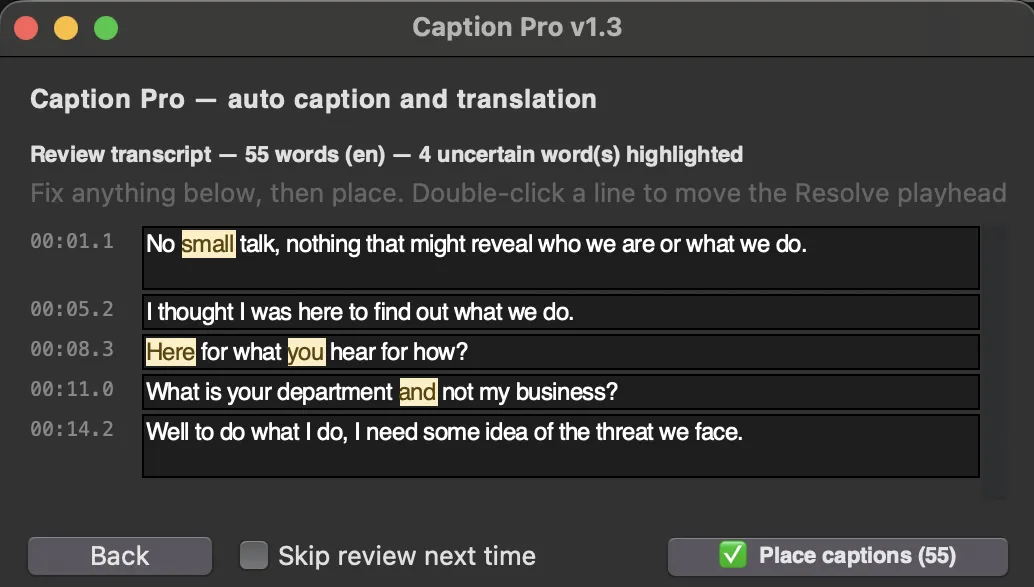 Caption Pro - auto caption and translation tool for DaVinci Resolve.
