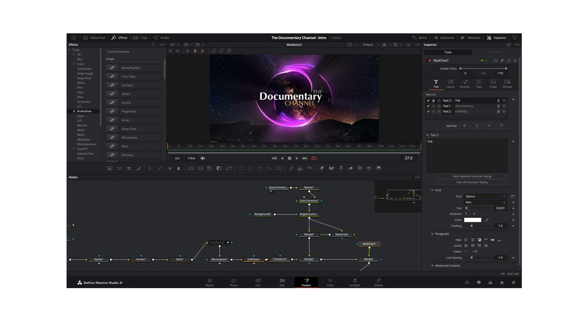 DaVinci Resolve 21.1 Fusion page featuring procedural 3D motion graphics and Krokodove tools