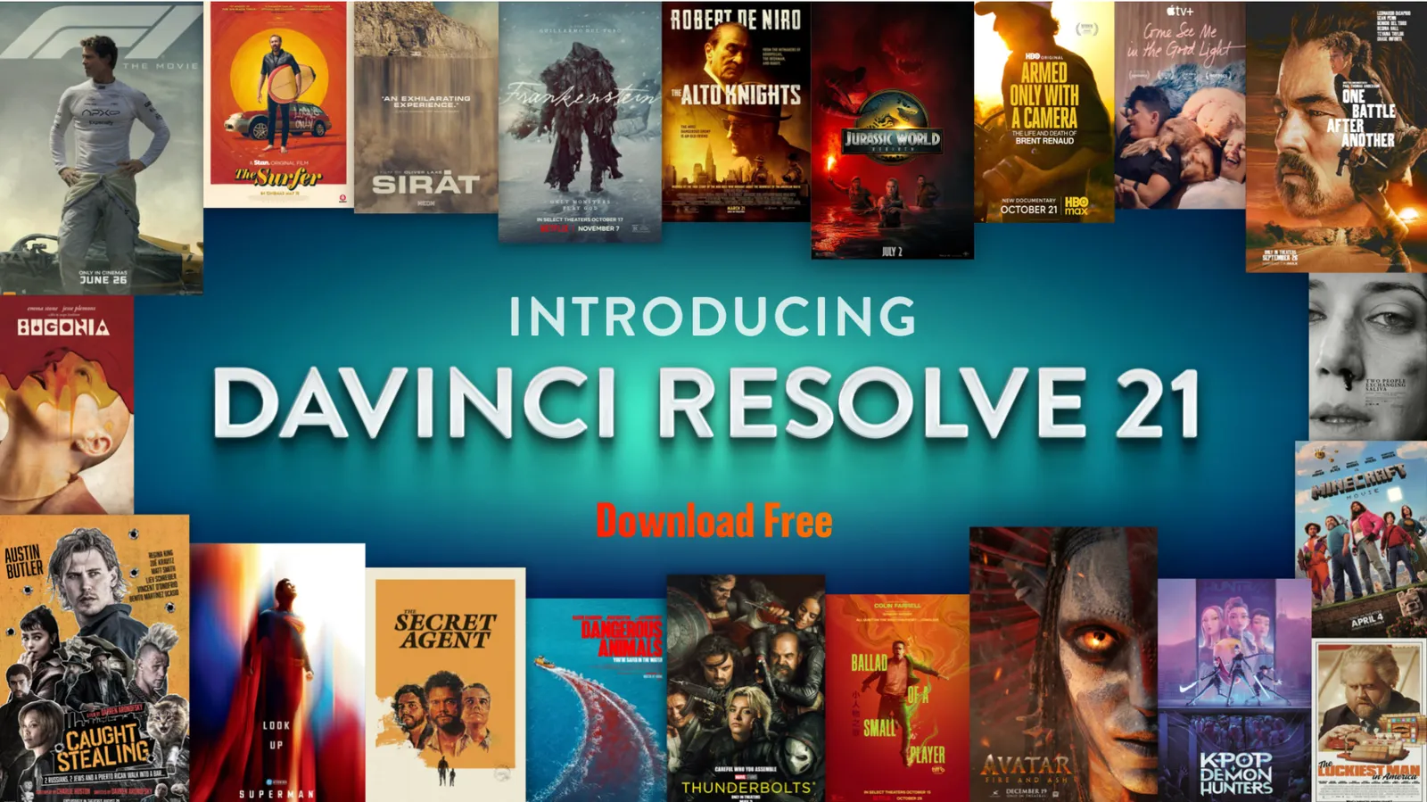 Blackmagic Design key art announcing DaVinci Resolve 21 as a free download, surrounded by recent film posters