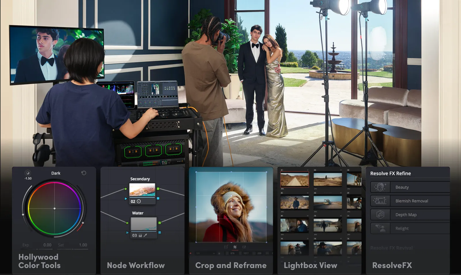 Promotion for the Resolve 21 Photo page: a colourist at a grading console beside a portrait shoot, with panels for Hollywood Color Tools, Node Workflow, Crop and Reframe, Lightbox View and ResolveFX