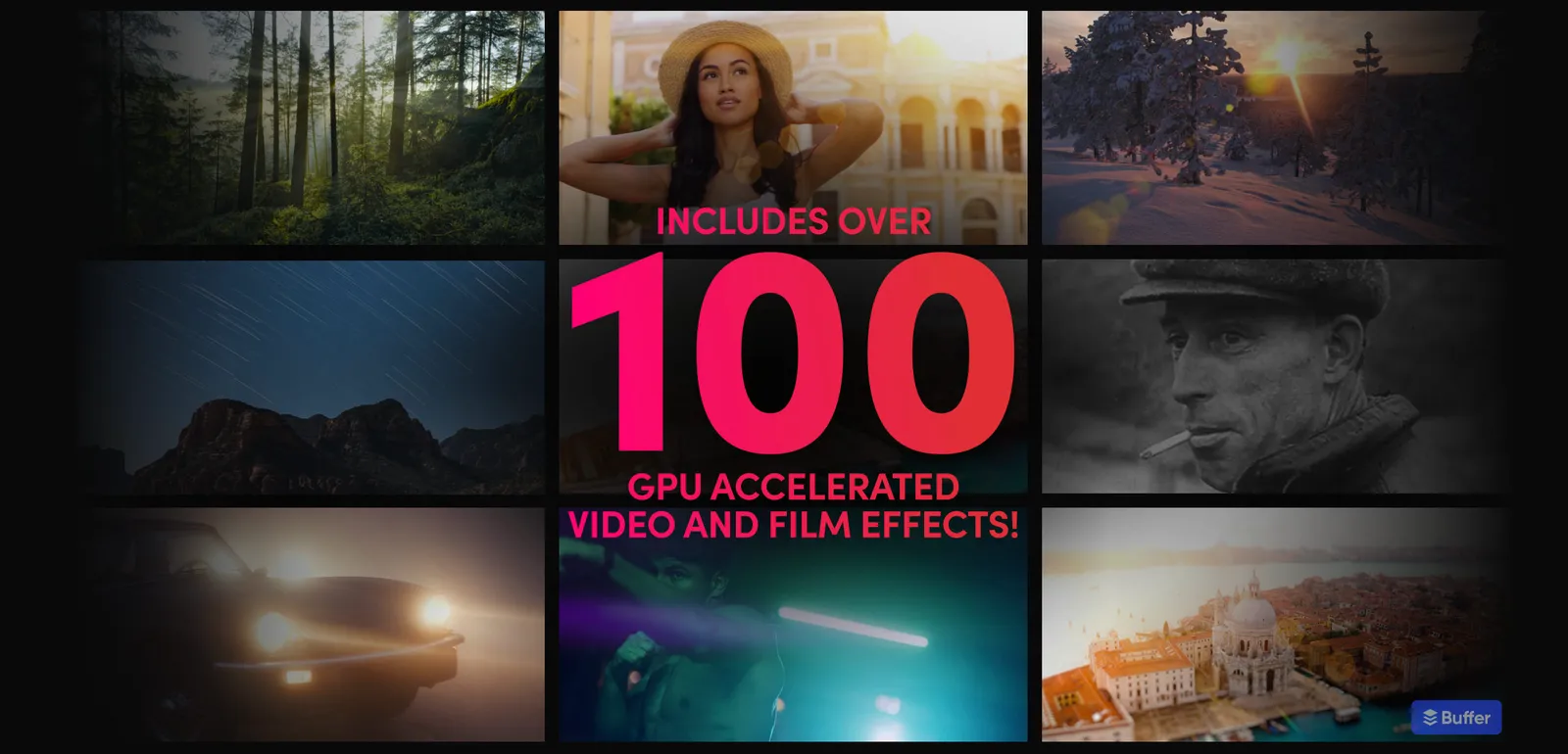 Grid of film effect stills advertising over 100 GPU accelerated video and film effects in DaVinci Resolve 21