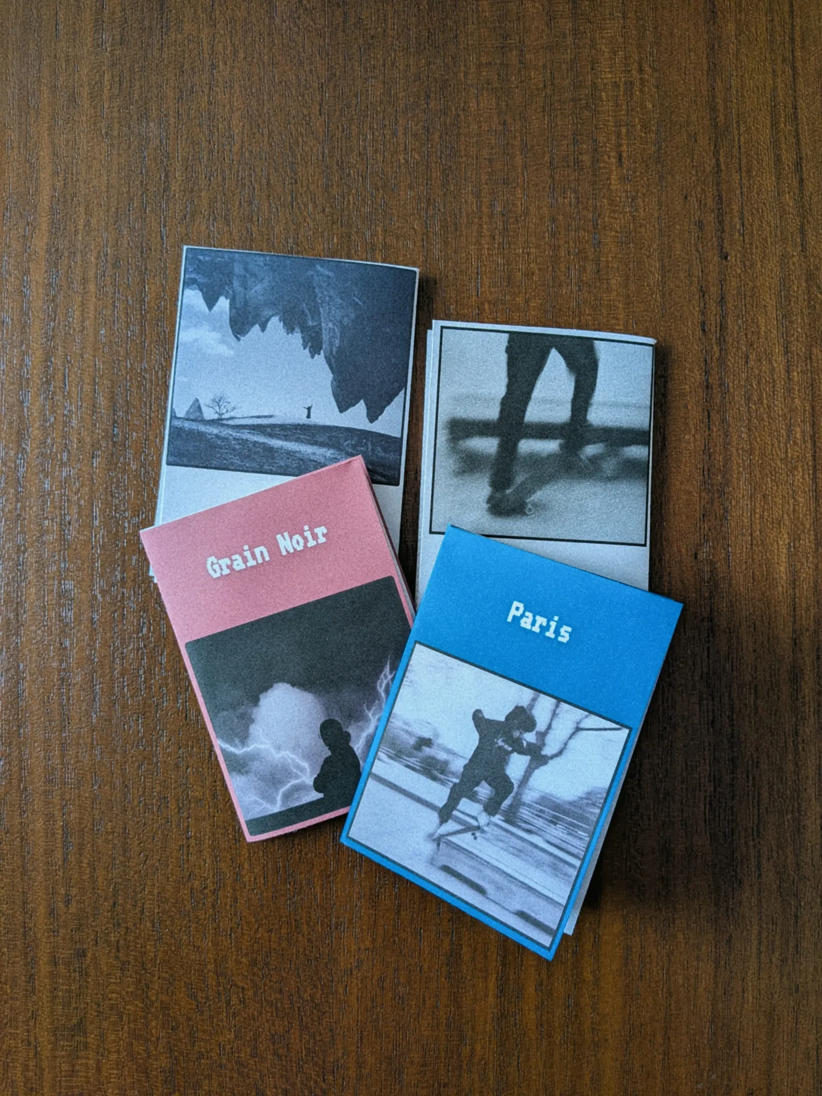Collection of 4 mini zines printed on a single A4 sheet.