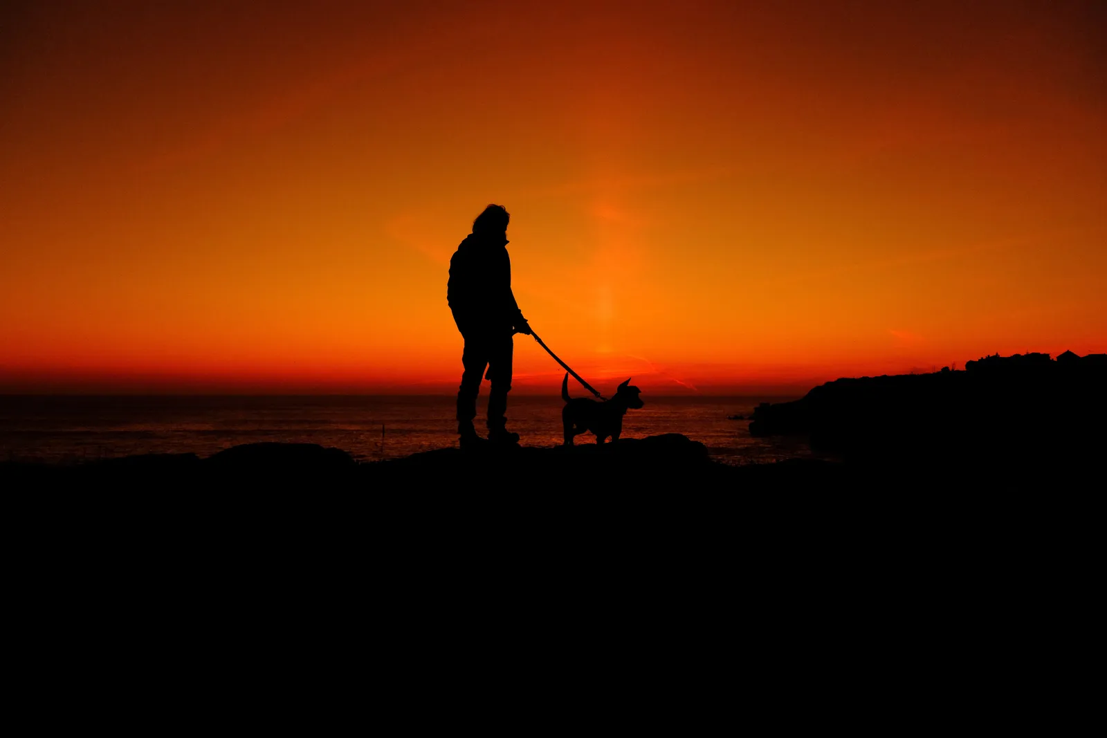 Silhouette and his dog during sunset in Peniche, taken on the Fujifilm X-E5