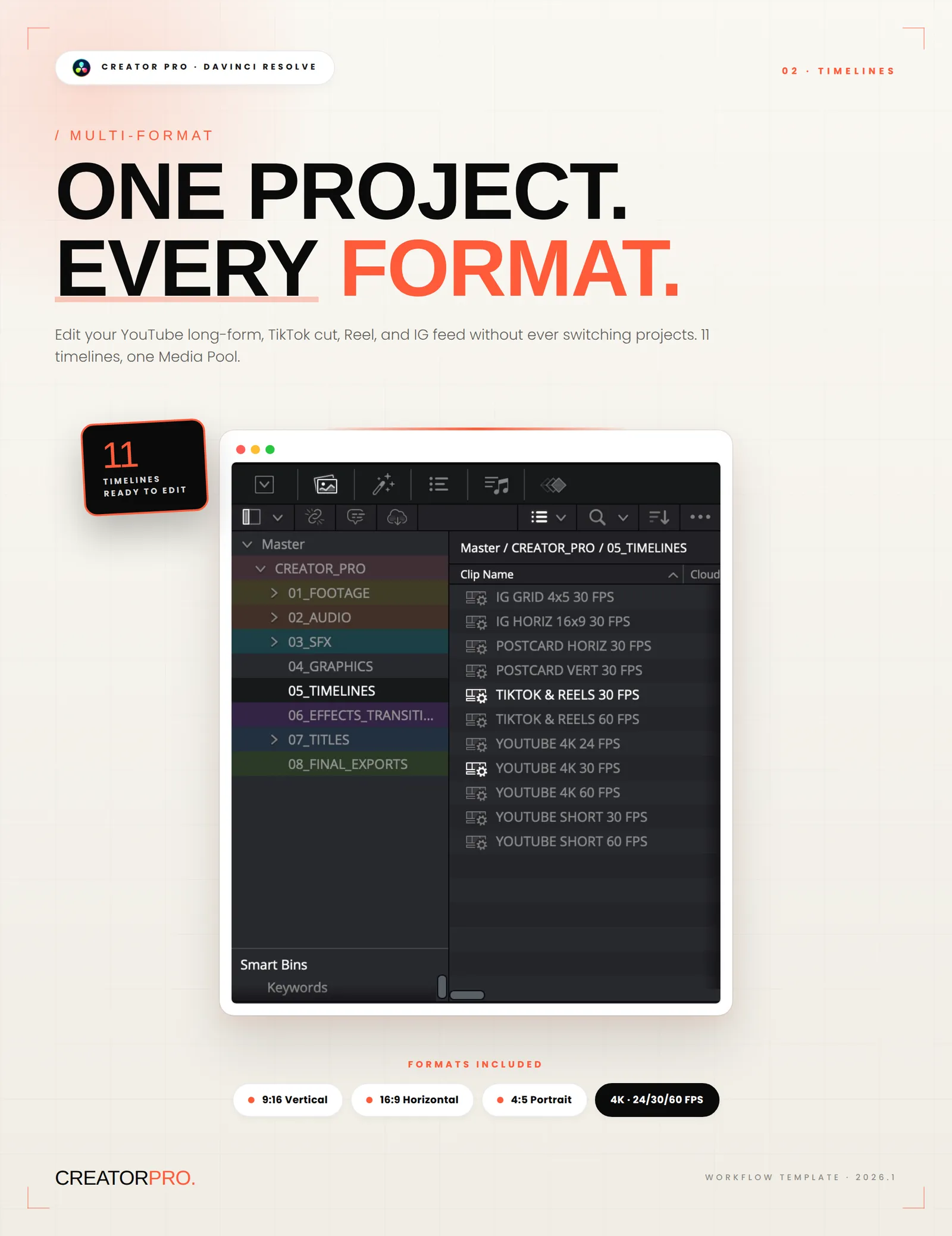One project every format - DaVinci Resolve Template to get your timeline organised.