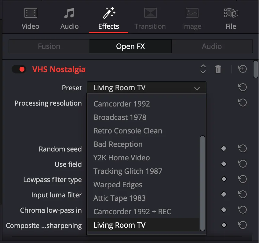 VHS Nostalgia preset menu inside DaVinci Resolve