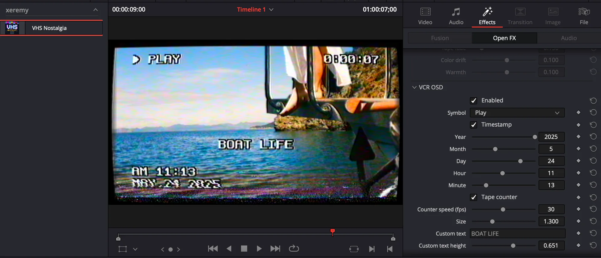 VHS Nostalgia applied to footage in DaVinci Resolve Color page