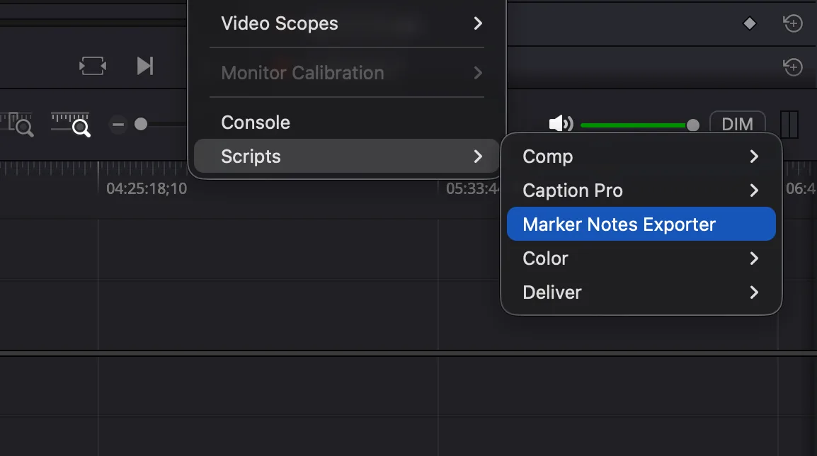 Marker Notes Exporter in the Workspace > Scripts menu inside DaVinci Resolve