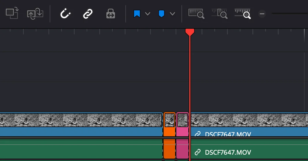 Timeline showing a 2-frame micro-clip isolated at the end of clip A
